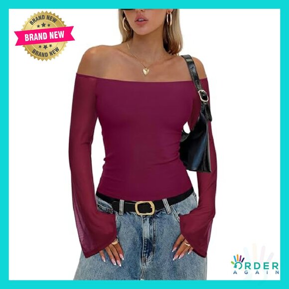 Off Shoulder Mesh Tube Top Double Lined Sexy Chic Fall Going Out Shirt - Picture 3 of 8